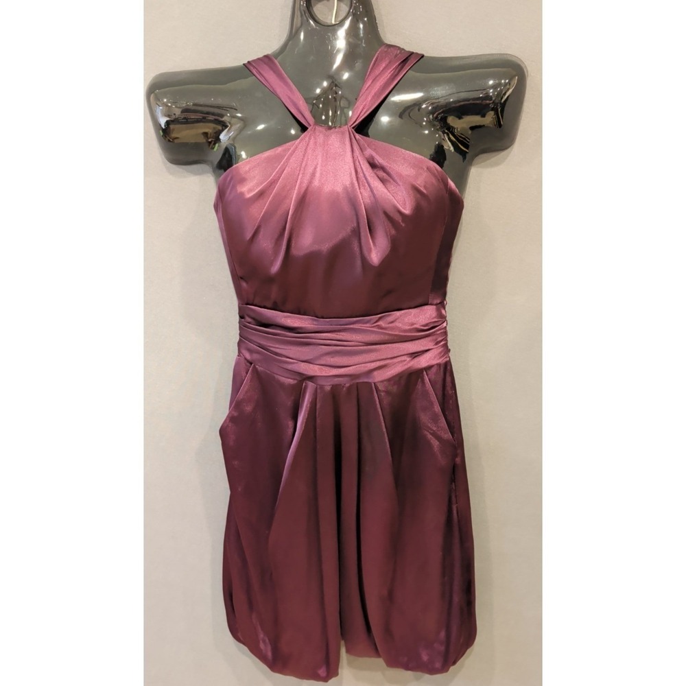 David's Bridal Plum Satin Halter Bubble Hem Dress Size 2 Formal Prom‎ Cocktail